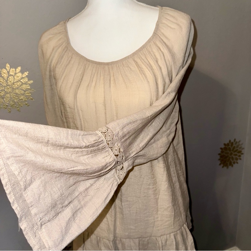 Fred David Women’s Sheer Beige Boho Casual‎ Blouse Bell Flare Sleeves